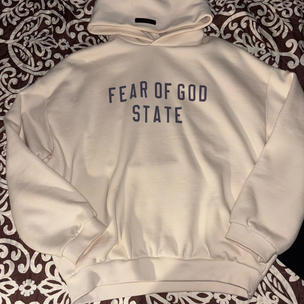 Essentials Cream Hoodie with Blue Text